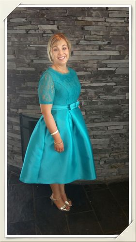 Customer photo review of Mai Teal Bow Waist Dress