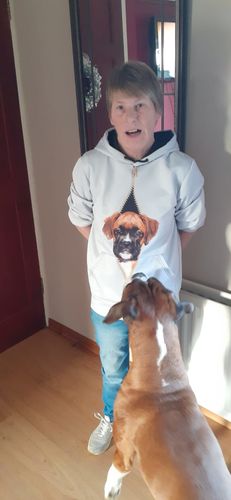 Customer photo review of I'm With You - Boxer Dog Hoodie V2