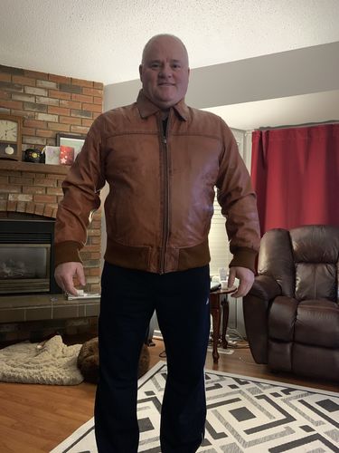 Customer photo review of Boyd's Rust Leather Jacket with ribbed cuffs