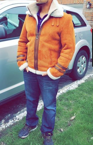 Customer photo review of Hagan's Tan Aviator bomber Suede shearling jacket