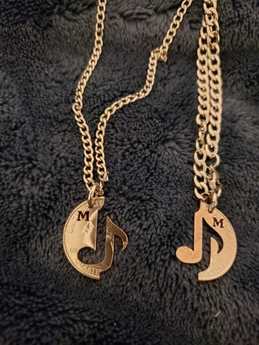 Customer photo review of Music Note Necklaces, Couples Jewelry, You Make My Heart Sing relationship set, Hand Cut Quarter