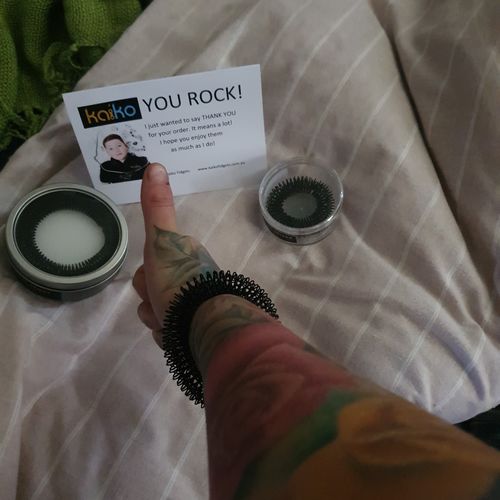 Customer photo review of Kaiko Spikey for the wrist TRIO - get all 3 sizes stretchy metal spikeys - small, large & XL and SAVE $10. Sensory tools for anxiety and can assist with harm minimisation also.