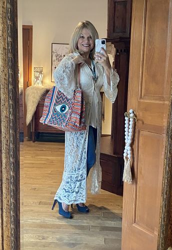 Customer photo review of Evil Eye Good Luck Hand Beaded Orange and Blue Tote Bag