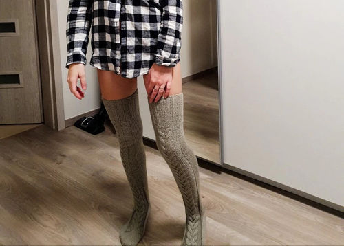 Customer photo review of French Cable Knit Over The Knee Socks