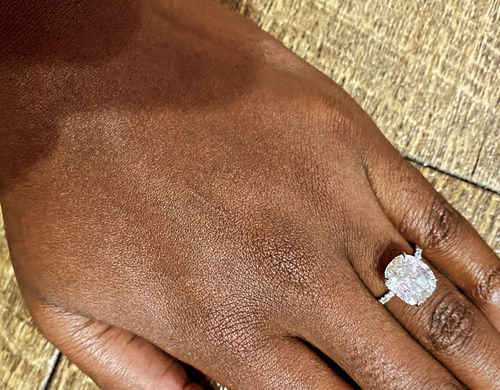 Customer photo review of 4.70 Carats Elongated Old Mine Cushion Cut Micropave Side Stones Hidden Halo Diamond Engagement Ring