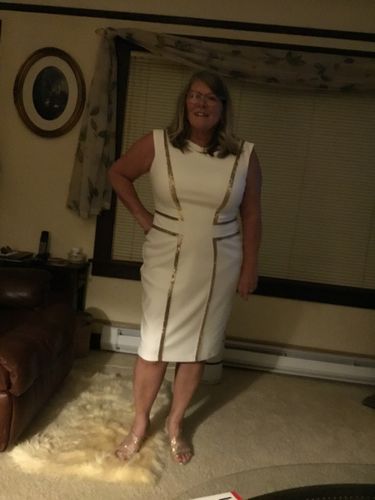 Customer photo review of Joseph Ribkoff Ecru/Gold Sequined Cap Sleeve Cocktail Dress 171412 NEW