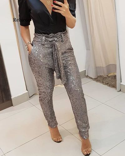 Customer photo review of Fashion Sequins Drawstring High Waist Trousers