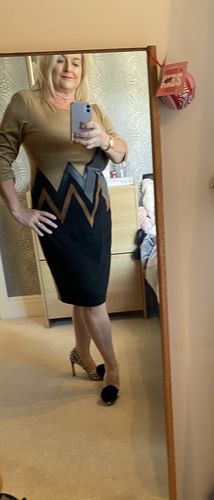 Customer photo review of Joseph Ribkoff Beige/Black/Cognac Vegan Leather Chevron Applique Dress 164445X NEW