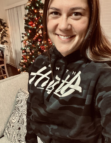 Customer photo review of Ladies I Am The Hustle White Graffito - Black Camo Crop Hoodie