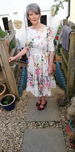 Customer photo review of Liana White and Pink Florals Flare Dress