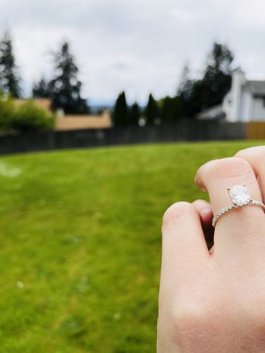 Customer photo review of 1.80 Carat Cushion Cut Micropave Side Stones Hidden Halo Diamond Engagement Ring