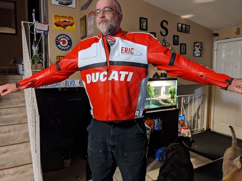 Customer photo review of Red Ducati motorycle jacket with armor protection