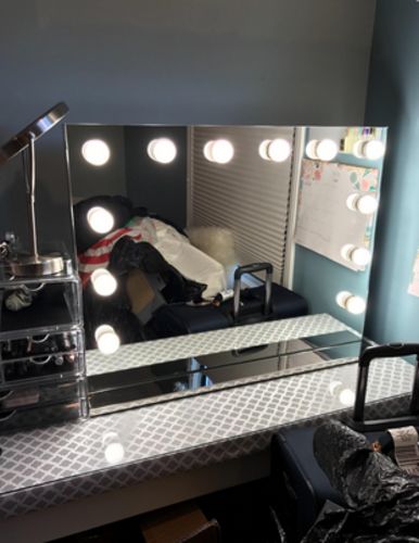 Customer photo review of Hollywood Vanity Mirror with Lights, Dimmable 12pcs LED Bulbs with 3 Color Tones, Touchscreen Makeup Mirror with USB Port, Lighted Tabletop Vanity Mirror, White(L22.83 X H17.5 Inch)