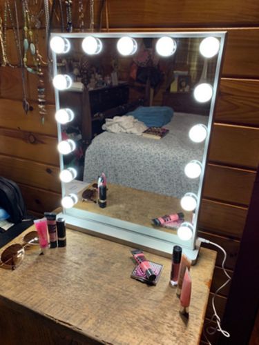 Customer photo review of Hollywood Mirror Makeup Vanity Mirror with Lights, 18.2" W x 22.8" H, White