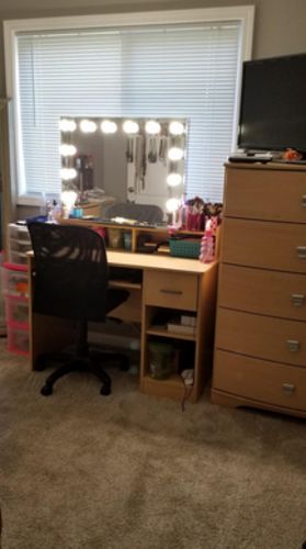 Customer photo review of Hollywood Vanity Mirror with Lights, Dimmable 12pcs LED Bulbs with 3 Color Tones, Touchscreen Makeup Mirror with USB Port, Lighted Tabletop Vanity Mirror, White(L22.83 X H17.5 Inch)