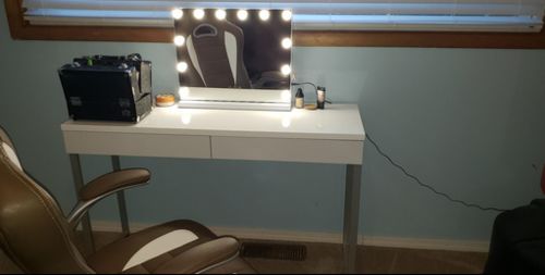 Customer photo review of Hollywood Mirror Makeup Vanity Mirror with Lights, Touch Control Light-up Beauty Musthaves Smart Cosmetic Tabletops with 3 Color Dimmable Bulbs, USB Charging Port, 22.8" W x 18.2" H, White