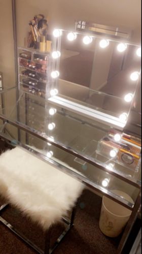 Customer photo review of Hollywood Mirror Makeup Vanity Mirror with Lights, Touch Control Light-up Beauty Musthaves Smart Cosmetic Tabletops with 3 Color Dimmable Bulbs, USB Charging Port, 22.8" W x 18.2" H, White
