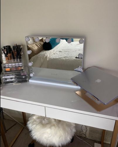 Customer photo review of Hollywood Mirror Makeup Vanity Mirror with Lights, Touch Control Light-up Beauty Musthaves Smart Cosmetic Tabletops with 3 Color Dimmable Bulbs, USB Charging Port, 22.8" W x 18.2" H, White