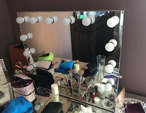 Customer photo review of Hollywood Vanity Mirror with Lights, Dimmable 12pcs LED Bulbs with 3 Color Tones, Touchscreen Makeup Mirror with USB Port, Lighted Tabletop Vanity Mirror, White(L22.83 X H17.5 Inch)