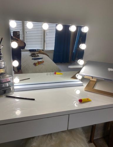 Customer photo review of Hollywood Mirror Makeup Vanity Mirror with Lights, Touch Control Light-up Beauty Musthaves Smart Cosmetic Tabletops with 3 Color Dimmable Bulbs, USB Charging Port, 22.8" W x 18.2" H, White