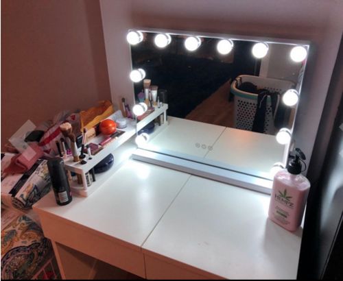 Customer photo review of Hollywood Mirror Makeup Vanity Mirror with Lights, Touch Control Light-up Beauty Musthaves Smart Cosmetic Tabletops with 3 Color Dimmable Bulbs, USB Charging Port, 22.8" W x 18.2" H, White