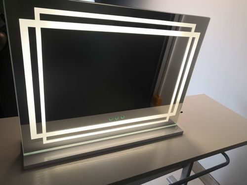 Customer photo review of Tabletop LED Strip Light Vanity Mirror, 3 Color Lighting Wall Mounted Makeup Mirror with USB Port, Touch Screen, White (L22.8 X H17 inch)