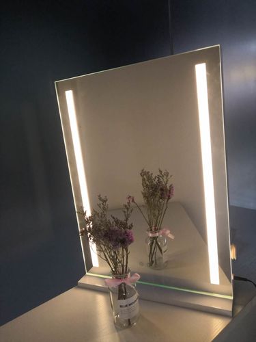 Customer photo review of Vanity Mirror with 3 Color Lights, LED Backlit Stripe Wall Mirror, Tabletop Makeup Mirror with Touchscreen, Dimmer with USB Port, White (L17 X H22.8 inch)
