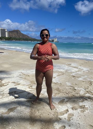 Customer photo review of Hello Bombshell Top | Rust & White Polka Dots|