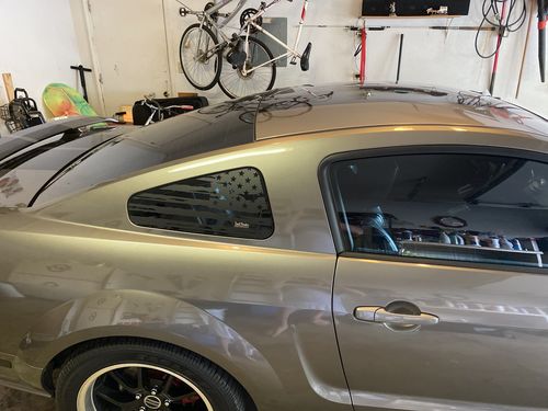 Customer photo review of (x2) Distressed USA flag pre-cut decal fits Ford Mustang 2005-2009 quarter window