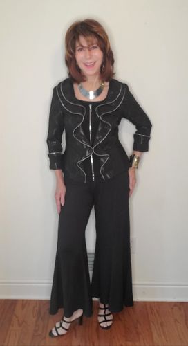 Customer photo review of Joseph Ribkoff Black/Silver Ruffled Polka Dot Zip-Up Jacket 193789 NEW