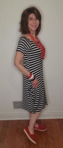 Customer photo review of Joseph Ribkoff Black/White Stripe Short Sleeve Midi Dress 191914 NEW