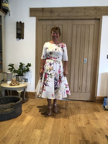 Customer photo review of Liana White and Pink Florals Flare Dress