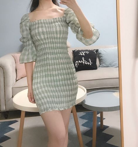 Customer photo review of Plaid ruffled sexy square neckline a-line dress