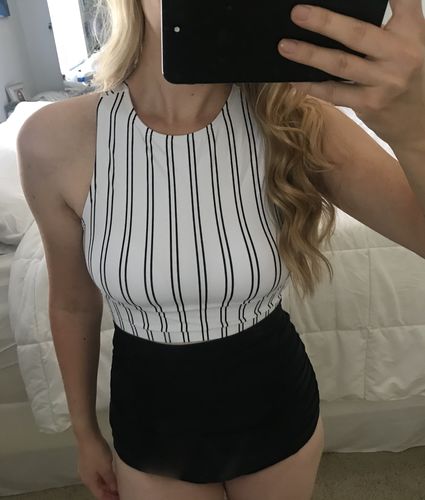 Customer photo review of Hello Bombshell Top | White & Black Stripes | Final Sale