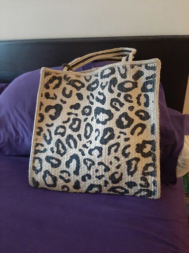 Customer photo review of Leopard Handwoven Jute Brown Tote With Tassel