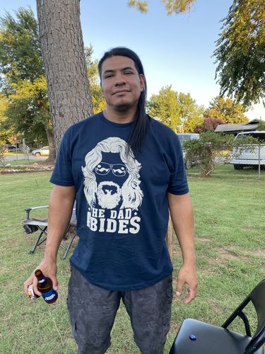 Customer photo review of The Dad Abides Premium Tee