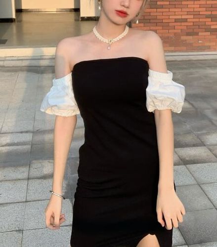 Customer photo review of One-shoulder puff sleeve sexy slim slimming dress with big slits