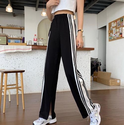 Customer photo review of Black high-waisted wide leg three-bar striped pants