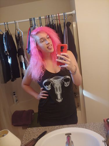 Customer photo review of Ovaries And Cosmic Cats, Ladies Racerback Tank Top, Black