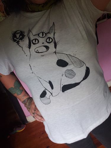 Customer photo review of Strange Cat Shirt, Unisex T-Shirt, Ash White