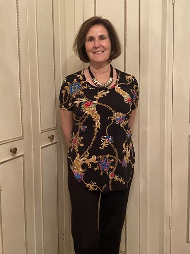 Customer photo review of Joseph Ribkoff Black/Multi Floral Chain Print Short Sleeve Tee 193678 NEW