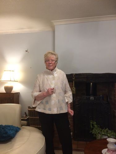 Customer photo review of Joseph Ribkoff Beige/Off-White Square Cutout Tulip Sleeve Cover-Up Jacket 202332 NEW