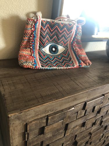 Customer photo review of Evil Eye Good Luck Hand Beaded Orange and Blue Tote Bag