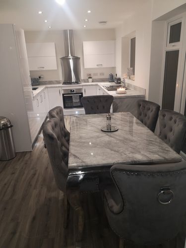 Customer photo review of Vienna Grey Marble Top Dining Set With Chelsea Ring Knocker Velvet Chairs