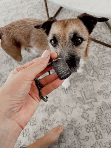 Customer photo review of Antiqued Steel Engravable Dog Tag Pendant