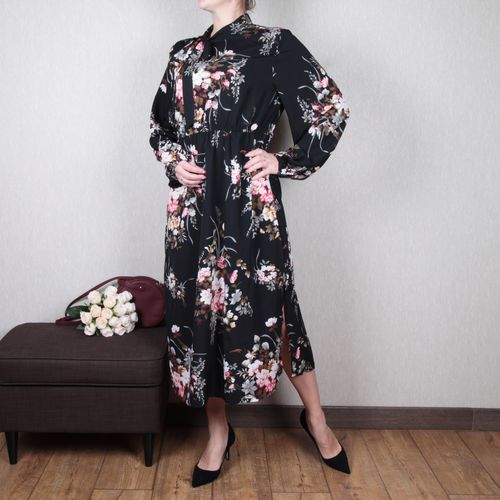 Customer photo review of Puff Sleeve Spring Winter Floral Dress Women Casual Bow Stand Collar High Wasit Long Sleeve Dress