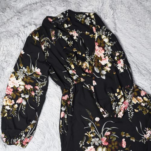 Customer photo review of Puff Sleeve Spring Winter Floral Dress Women Casual Bow Stand Collar High Wasit Long Sleeve Dress