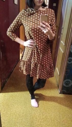 Customer photo review of Women Spring Dress Fashion Polka Dot Chiffon Dress Long Sleeve O Neck Ruffle Female Casual Yellow Dress