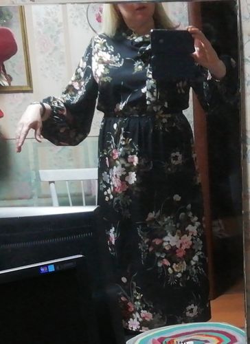 Customer photo review of Puff Sleeve Spring Winter Floral Dress Women Casual Bow Stand Collar High Wasit Long Sleeve Dress