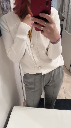 Customer photo review of V Neck Pearl Single Breasted Loose Short Thicken Sweater Sweet Long Sleeve Knitting Top